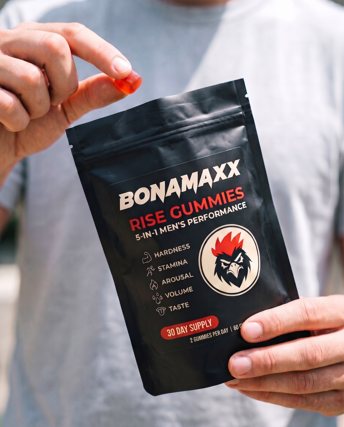 Hands holding BonaMaxx RISE Gummies pouch