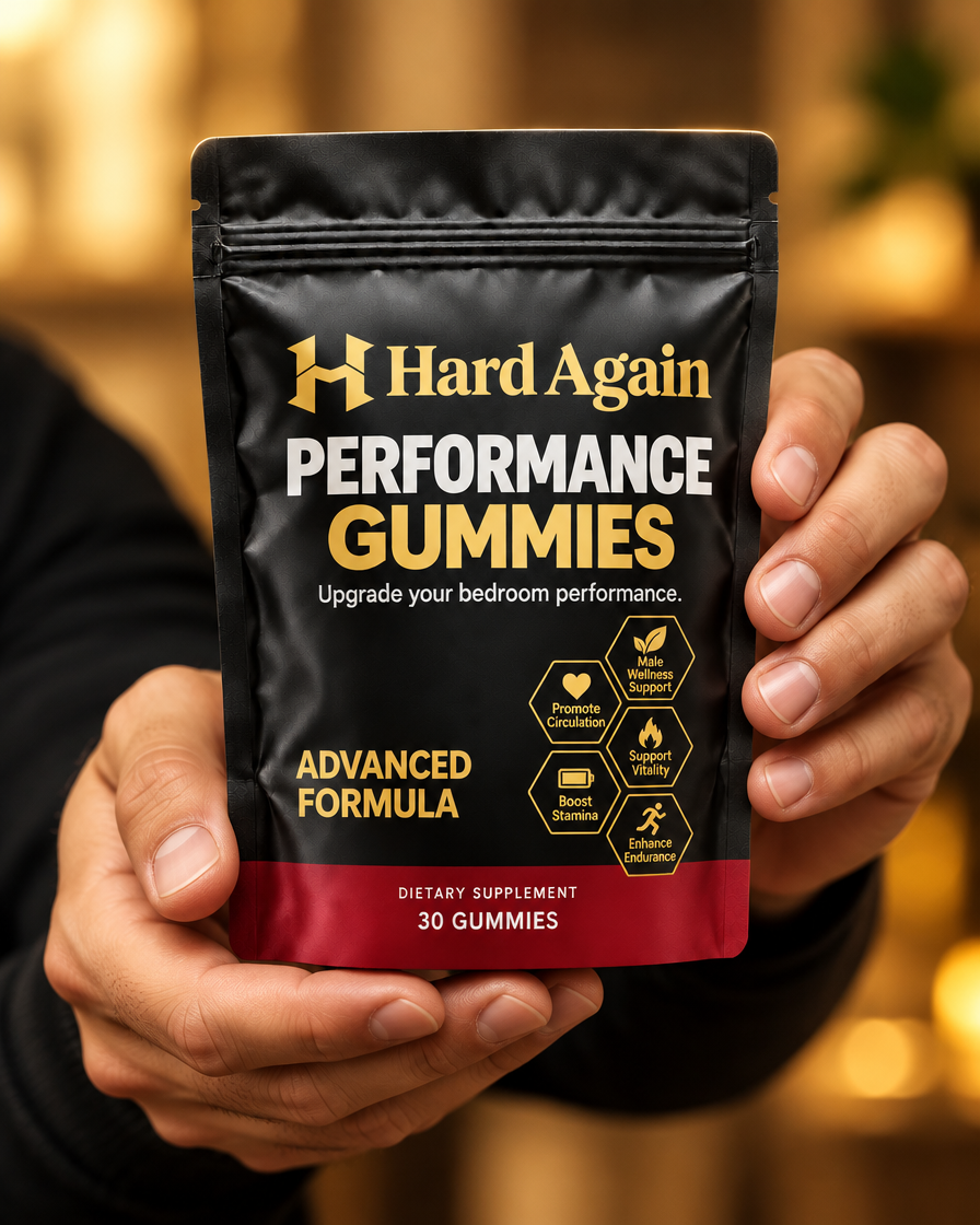 Hands holding Hard Again Performance Gummies pouch
